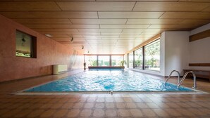 An indoor swimming pool with a tiled floor, wooden ceiling, and large windows.