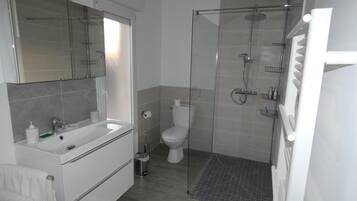 Ducha, secador de pelo, toallas, jabón