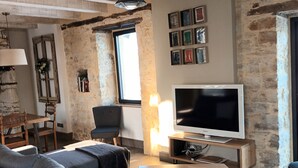 Un soggiorno moderno con un divano grigio, un tavolino in legno e un televisore a schermo piatto su un supporto in legno. Si nota una parete in pietra e una finestra con luce naturale.