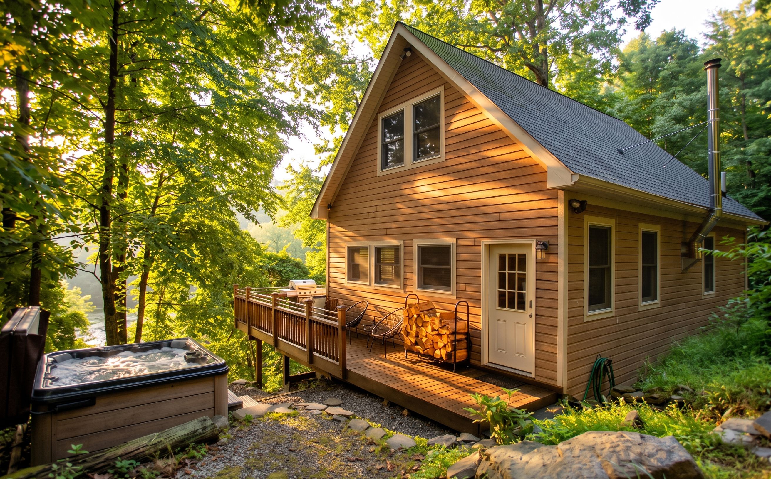 Cabin and hot tub with amazing views of The Delaware River in absolute seclusion. Within close proximity to all the adventures that The Catskill Mountains have to offer, The Hawks Nest Cabin is an ideal retreat for those looking for an escape.