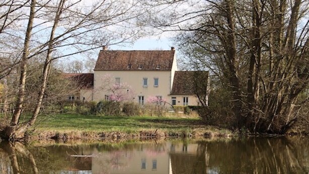 Ein Haus mit Teich, umgeben von Bäumen.