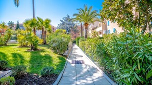 A pathway lined with palm trees and greenery, leading to a building with balconies.