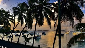 Ein Yachthafen mit mehreren Schiffen, umgeben von Palmen und einem ruhigen Meer unter einem Sonnenuntergangshimmel.