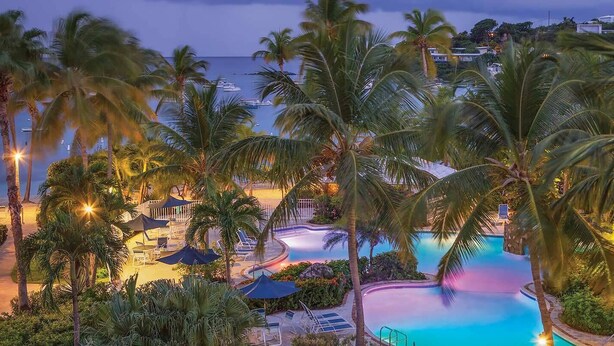 Un complexe hôtelier doté d’une piscine, de palmiers et offrant une vue sur l’océan.