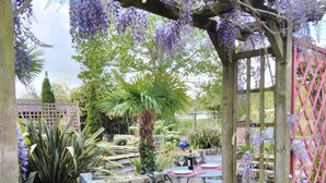 A garden with a pergola covered in purple flowers, a palm tree, and a seating area with a table and chairs. - Quiet 1st floor apartment with balcony and patio, 18 km from the sea (Landebia frankreich)
