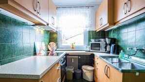 Une cuisine de taille réduite, avec des carreaux verts, des appareils en acier inoxydable et des meubles en bois.
