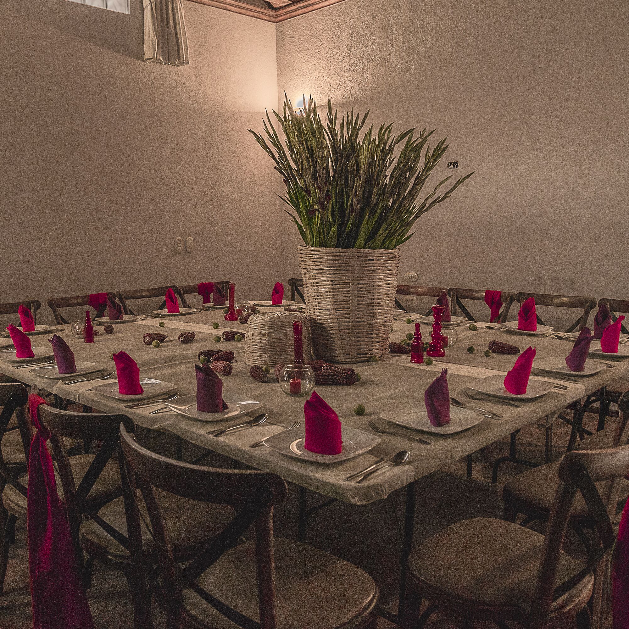 Una mesa de comedor dispuesta para una comida, con un centro de mesa de planta en maceta, rodeada de sillas.