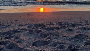 Ein Strand mit untergehendem Sonnenuntergang über dem Meer, der eine ruhige und friedliche Atmosphäre schafft.
