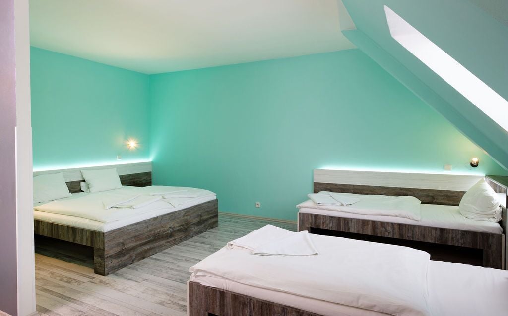 A room with two beds, a skylight, and a light-colored wall.