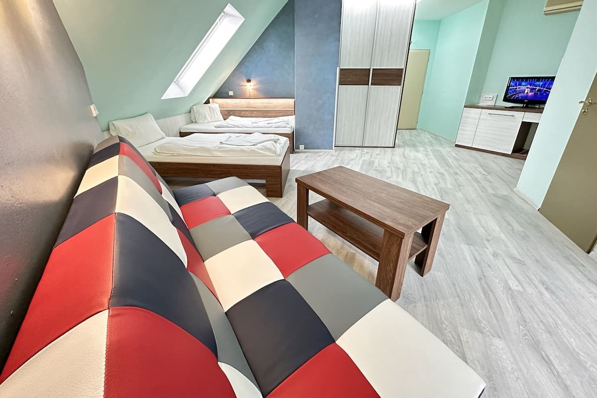 Une pièce compacte comprenant un lit en mezzanine, un canapé, une petite table et un téléviseur.