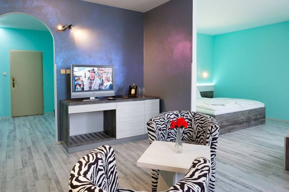 Une chambre moderne équipée d’une télévision, d’un canapé, d’une petite table et d’un lit.