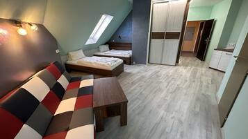 A compact room with a sofa, a small table, two beds, a wardrobe, and a kitchenette.