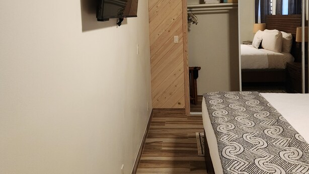 Une chambre à coucher avec un lit, un téléviseur fixé au mur et un plancher en bois.