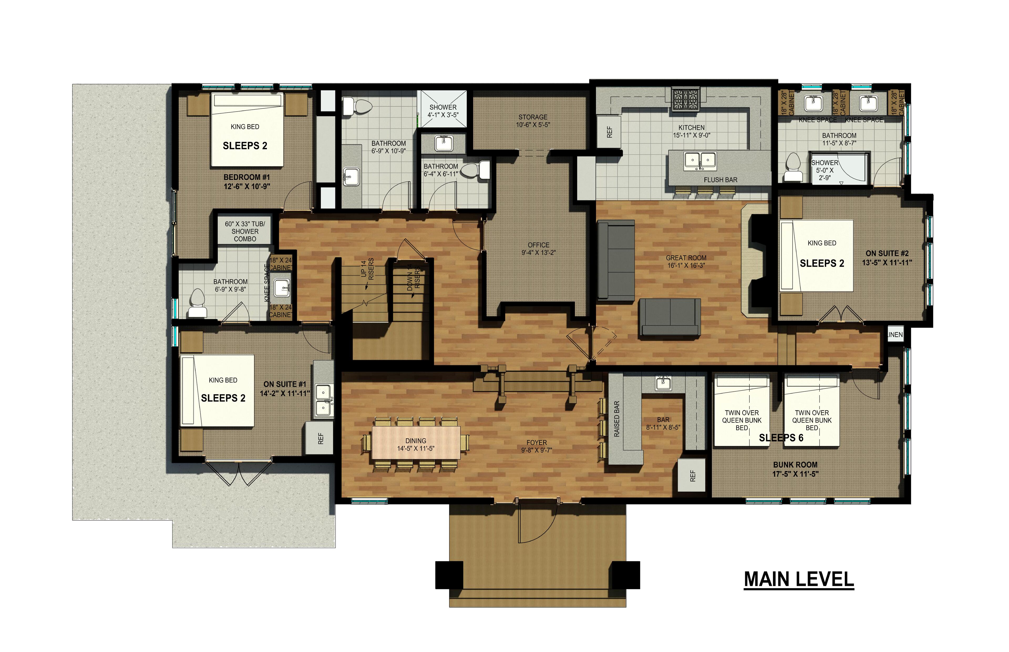 Plano de planta de un hotel que muestra varias habitaciones, baños, un comedor y una cocina.