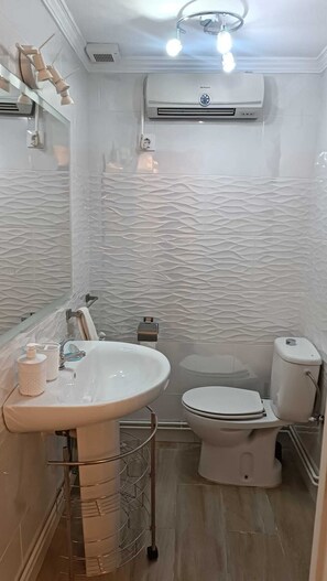 Combined shower/bathtub, hair dryer, towels, soap