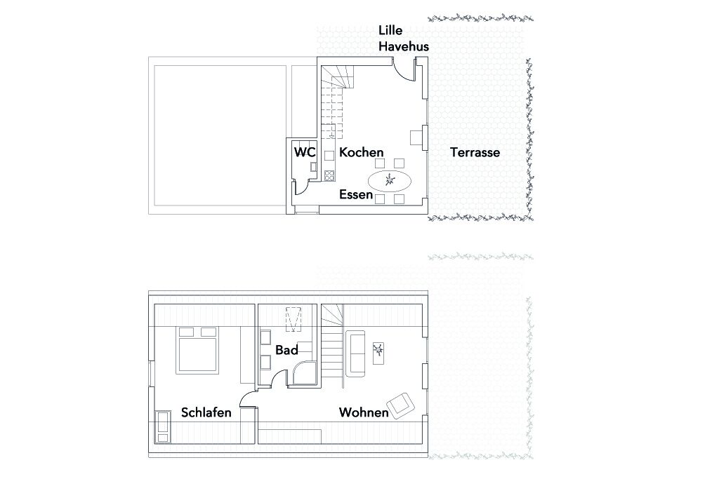 A floor plan of a hotel with labeled rooms including WC, Kochen, Essen, Terrasse, Kleine Havehus, Schlafen, and Wohnen.