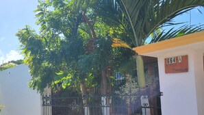 A white wall with a metal gate, a sign reading "664-A CASA Particular", and a palm tree in the background. - Casa Terracota Bacalar (Bacalar)