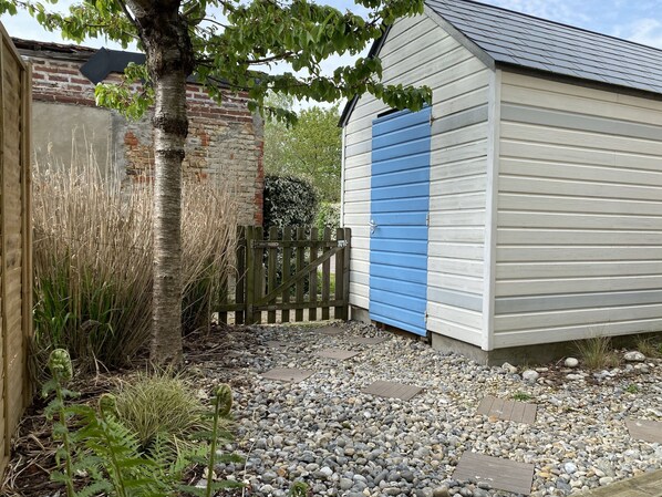 A small shed with a blue door, surrounded by a gravel path and various plants.
