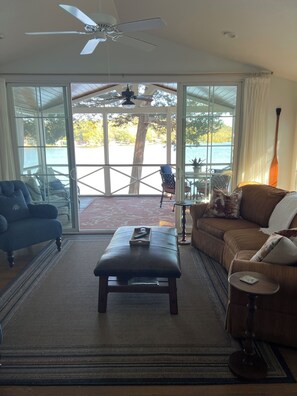 Smart TV, fireplace, books