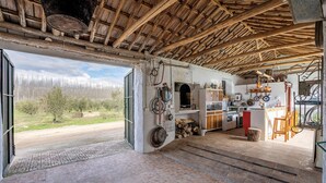Cocina rústica con techo de madera, puerta abierta que da al exterior y vistas a un bosque.