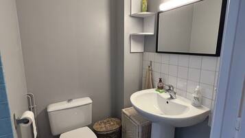 Een douche, een haardroger, handdoeken, toiletpapier