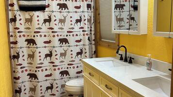 Combined shower/tub, hair dryer, towels, soap