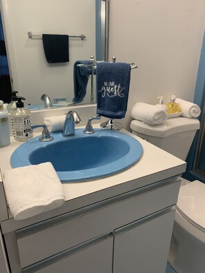 Duschwanne, Haartrockner, Handtücher, Toilettenpapier