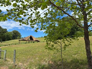 Eine rustikale Holzhütte auf einer grasbewachsenen Anhöhe unter blauem Himmel.