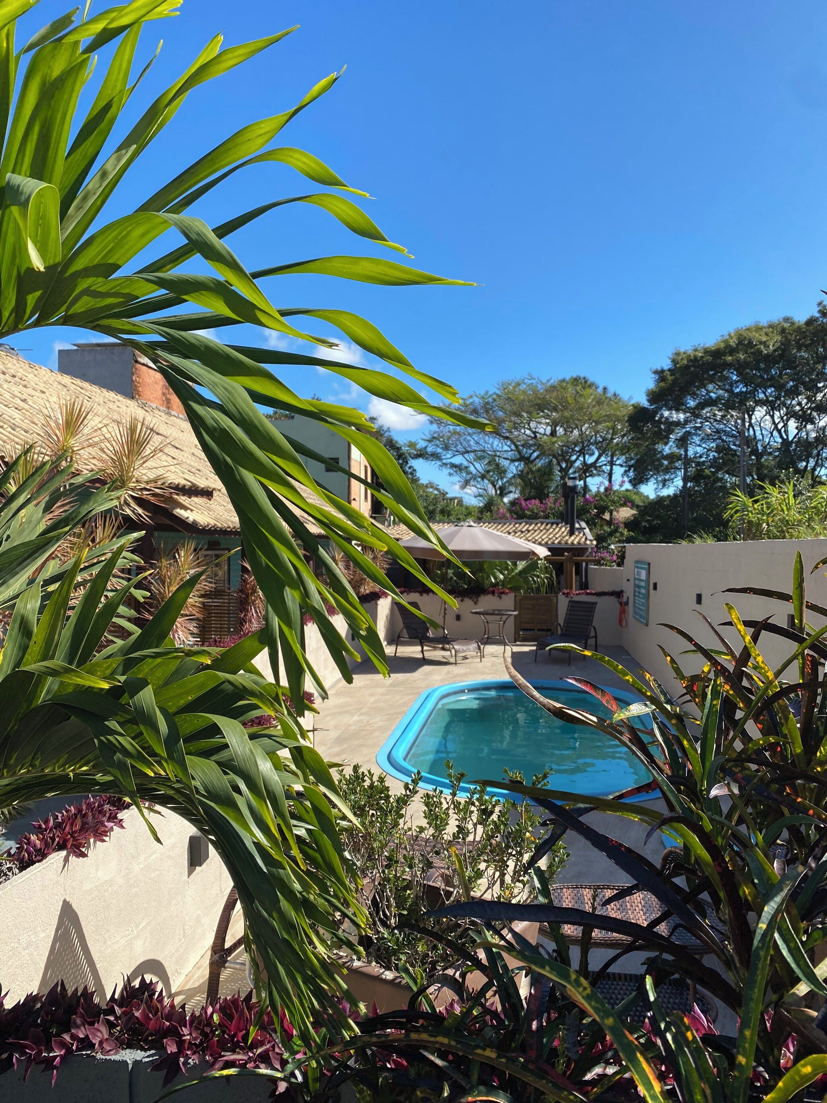 A pool area with a clear blue sky, surrounded by lush green plants and a building with a tiled roof.