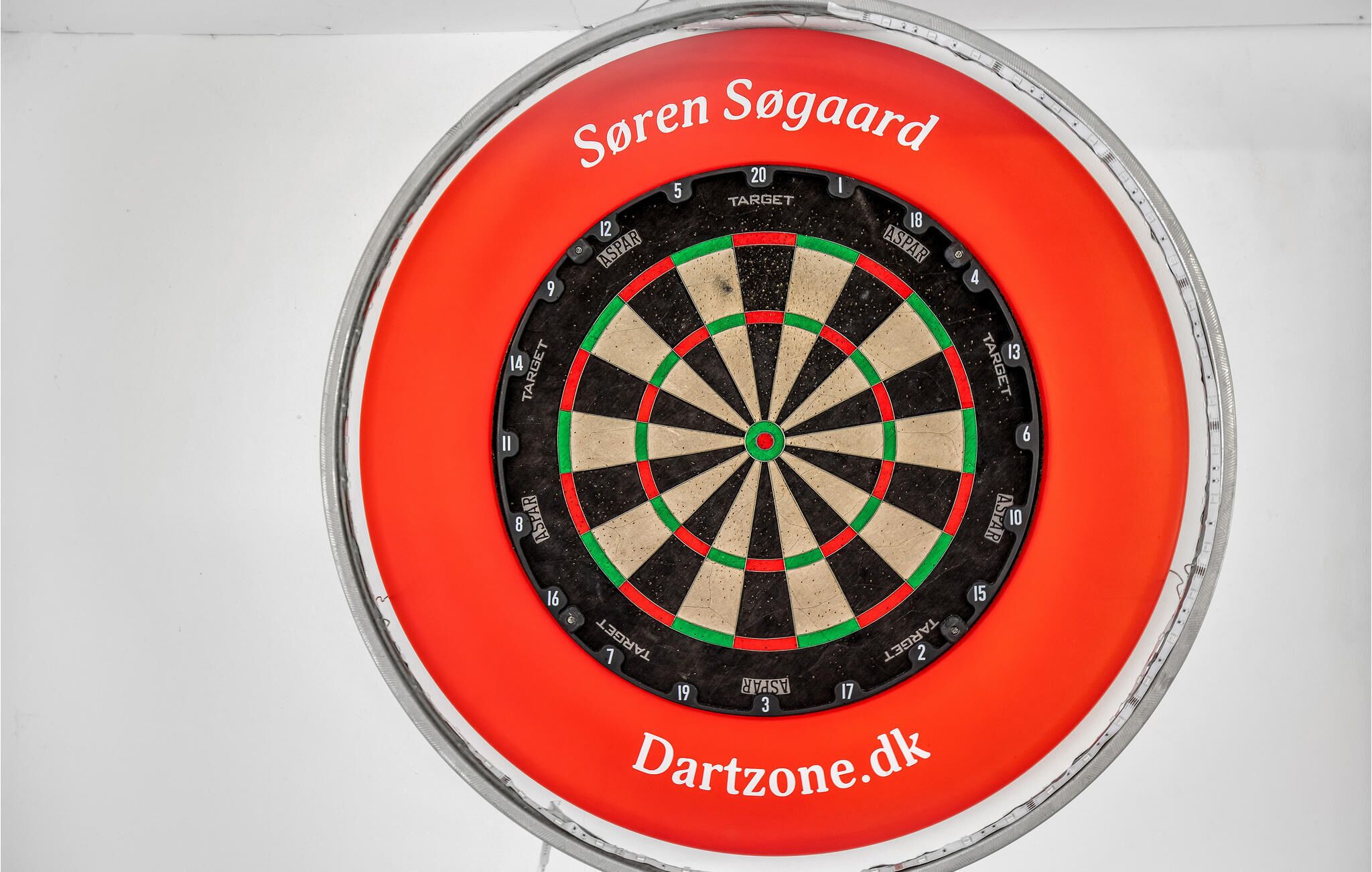 Un jeu de fléchettes sur lequel figurent les inscriptions « Søren Søgaard » et « Dartzone.dk ».