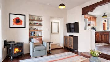TV connectée, cheminée, livres