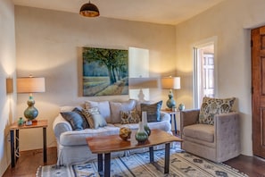 Smart TV, fireplace, books