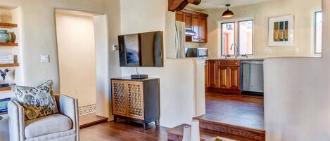 Smart TV, fireplace, books