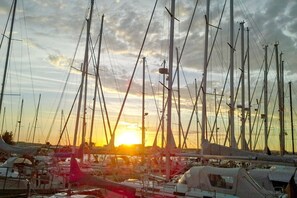 A marina with multiple sailboats docked, featuring masts and rigging, under a sunset sky.