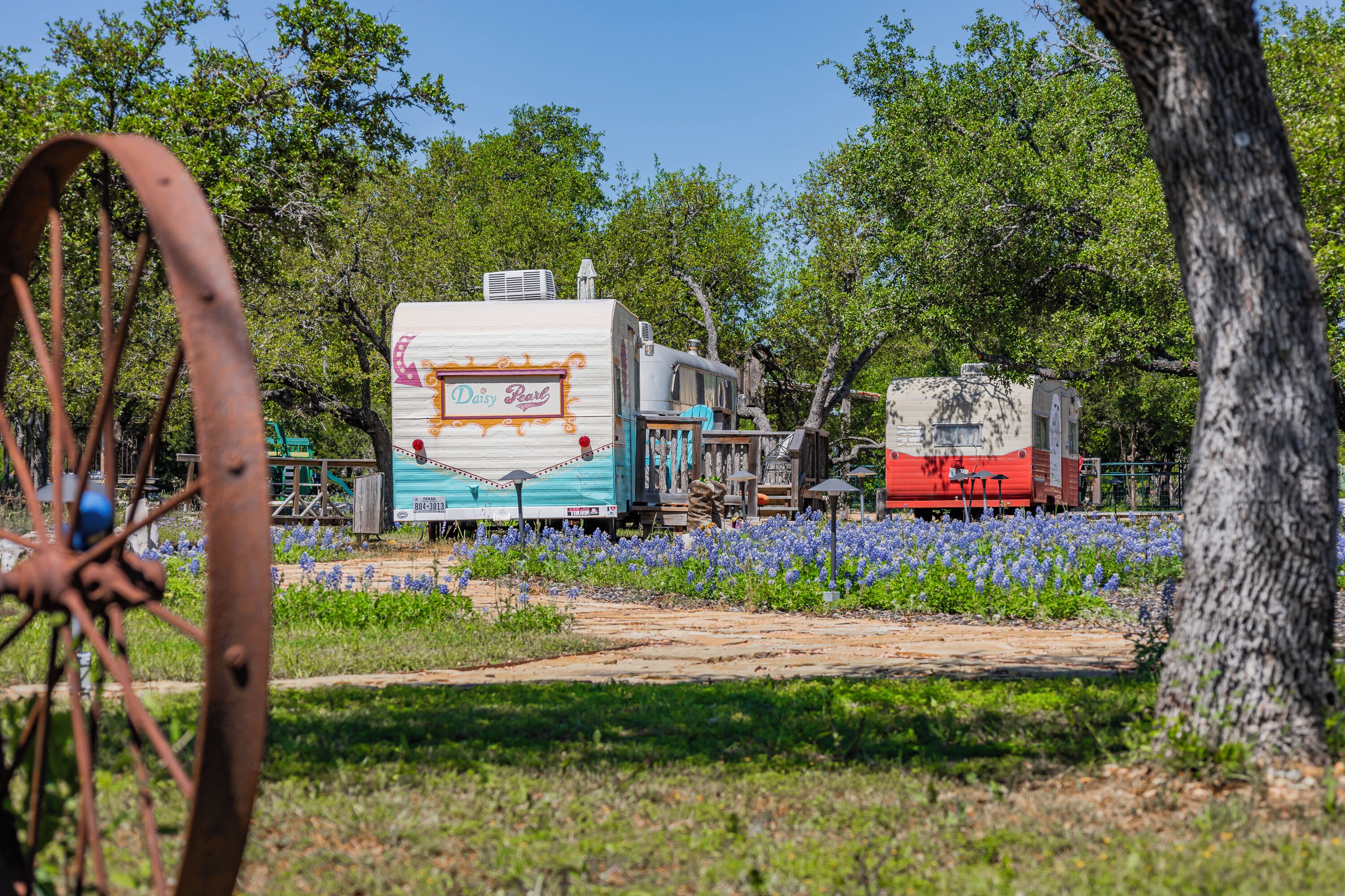 A vintage RV with a 'Daisy Pearl' sign parked among blooming flowers.