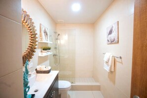 Hair dryer, towels, soap, toilet paper