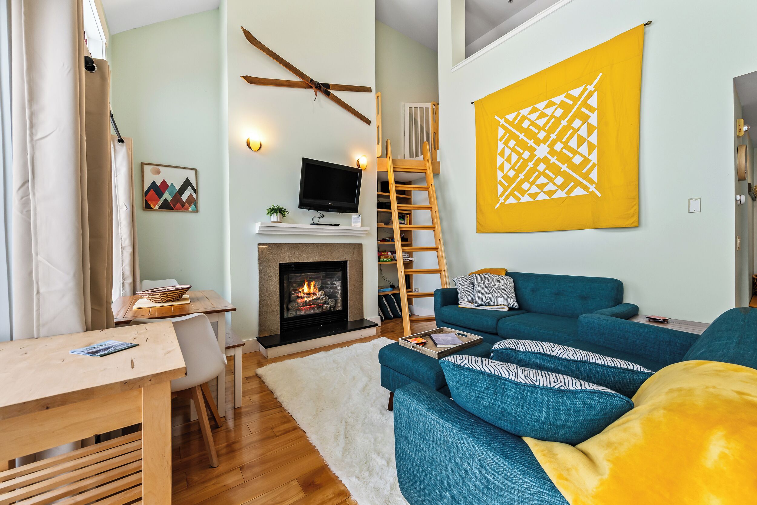 TV, fireplace, books, stereo