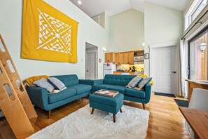 TV, fireplace, books, stereo