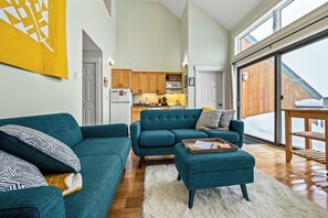 TV, fireplace, books, stereo