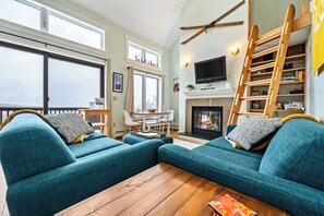 TV, fireplace, books, stereo