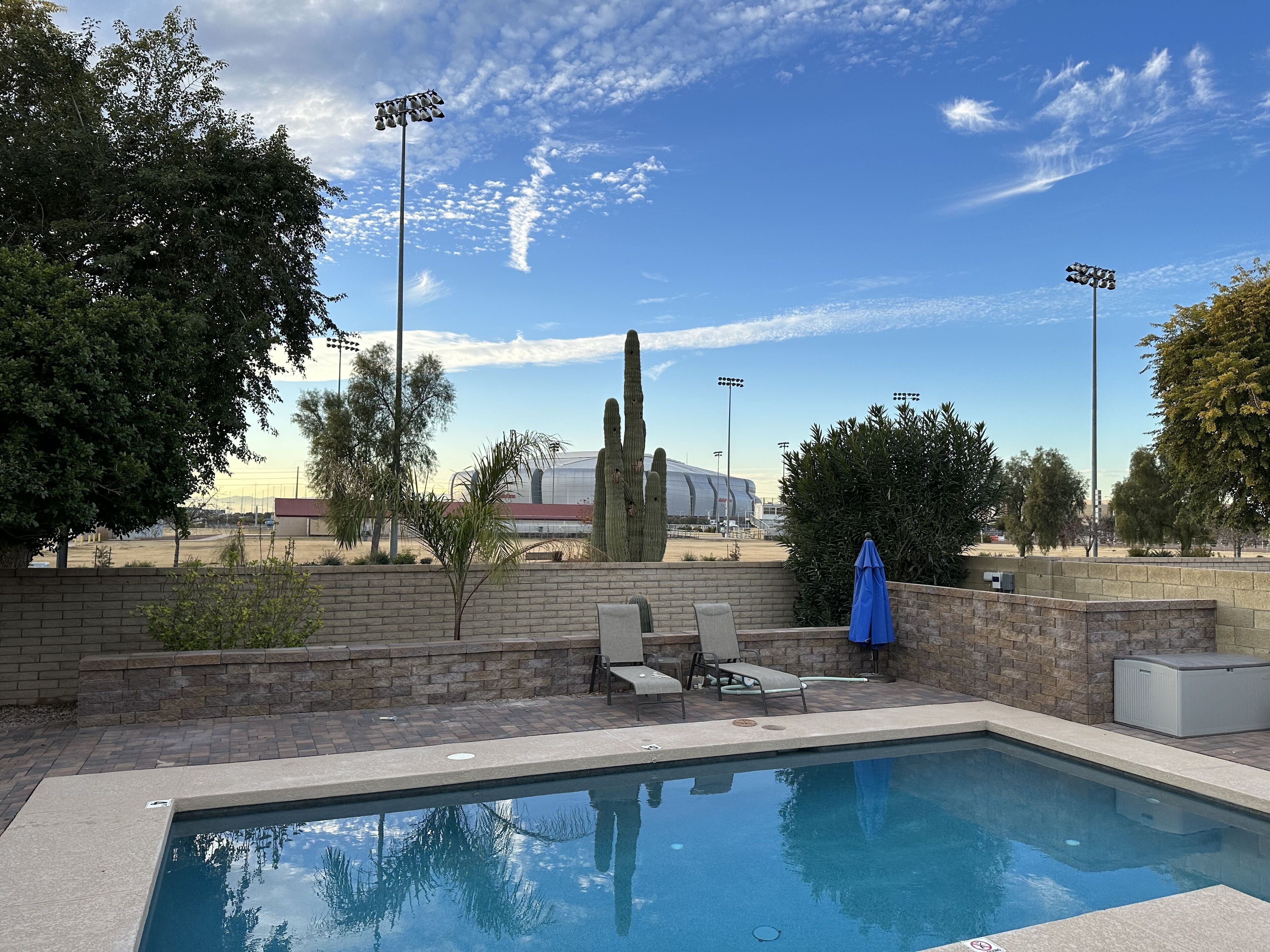 Ein Swimmingpool mit Blick auf ein Stadion und Kakteen im Hintergrund.