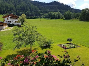 A rural landscape with a house, a well-maintained lawn, and a flower bed. - Room-holiday Home Kahr Apartment Roßbran (Radstadt)