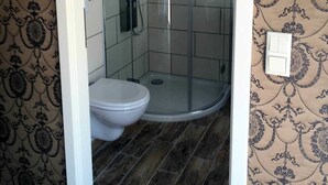 Cabina de ducha con paredes de vidrio junto a un inodoro en un baño con papel tapiz estampado y suelo de madera oscura.