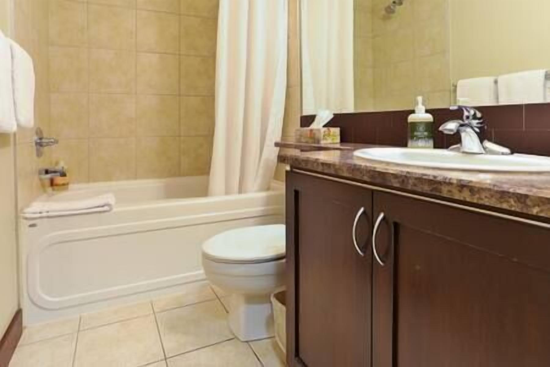 Une salle de bain avec une baignoire, des toilettes et un lavabo avec un miroir au-dessus.