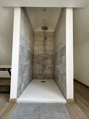 Dusch, hårtork, handdukar och toalettpapper