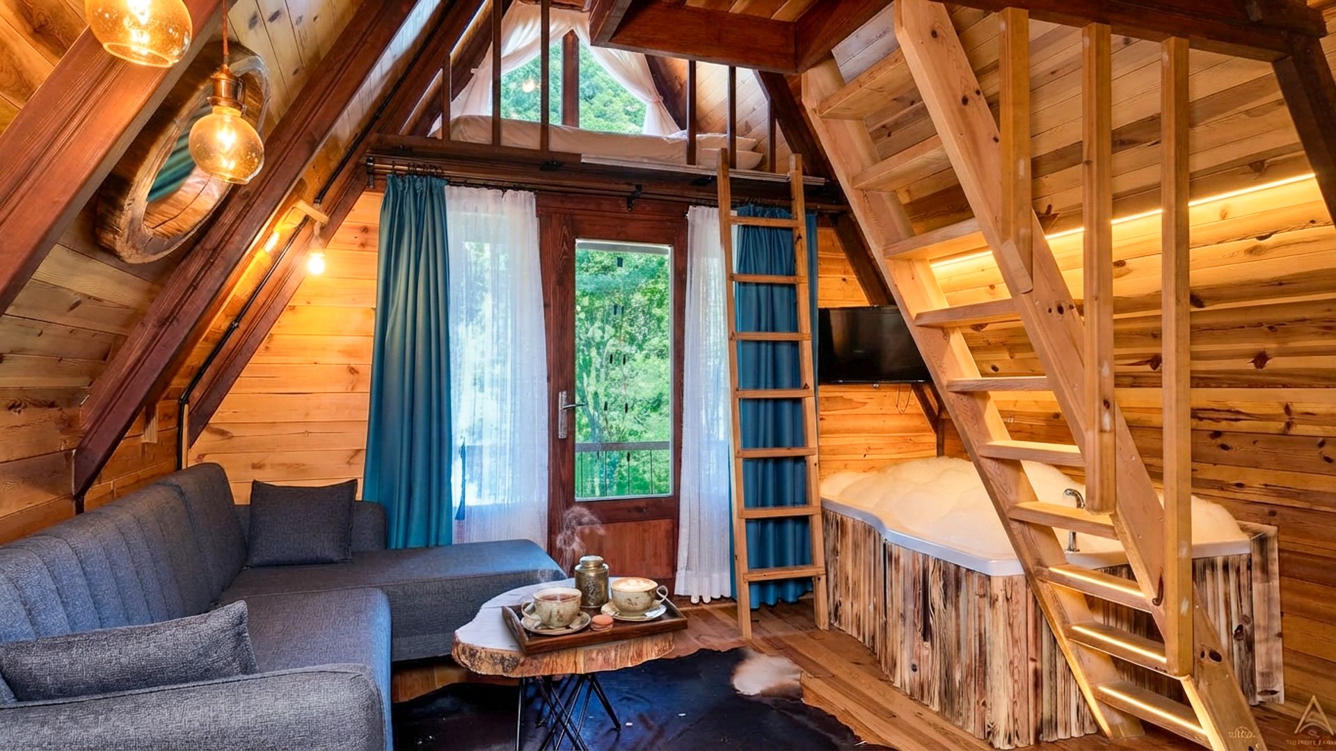 A cozy attic room with a sofa, a small table with dishes, a window with curtains, and a wooden ladder.