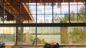 A spacious room with large windows, wooden flooring, and yoga mats.