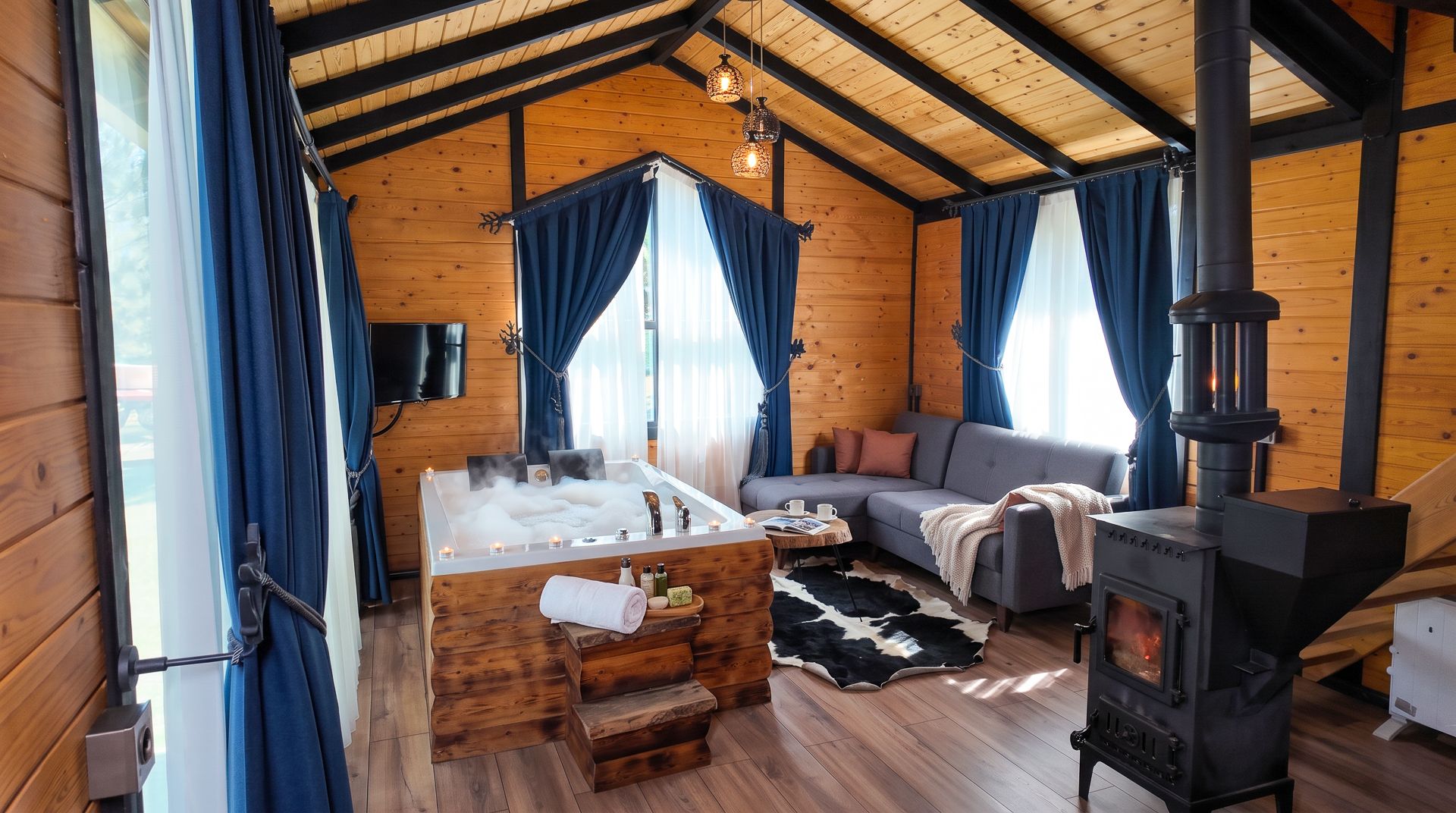Interior acogedor de una cabaña con detalles de madera, una chimenea, un sofá y una bañera.