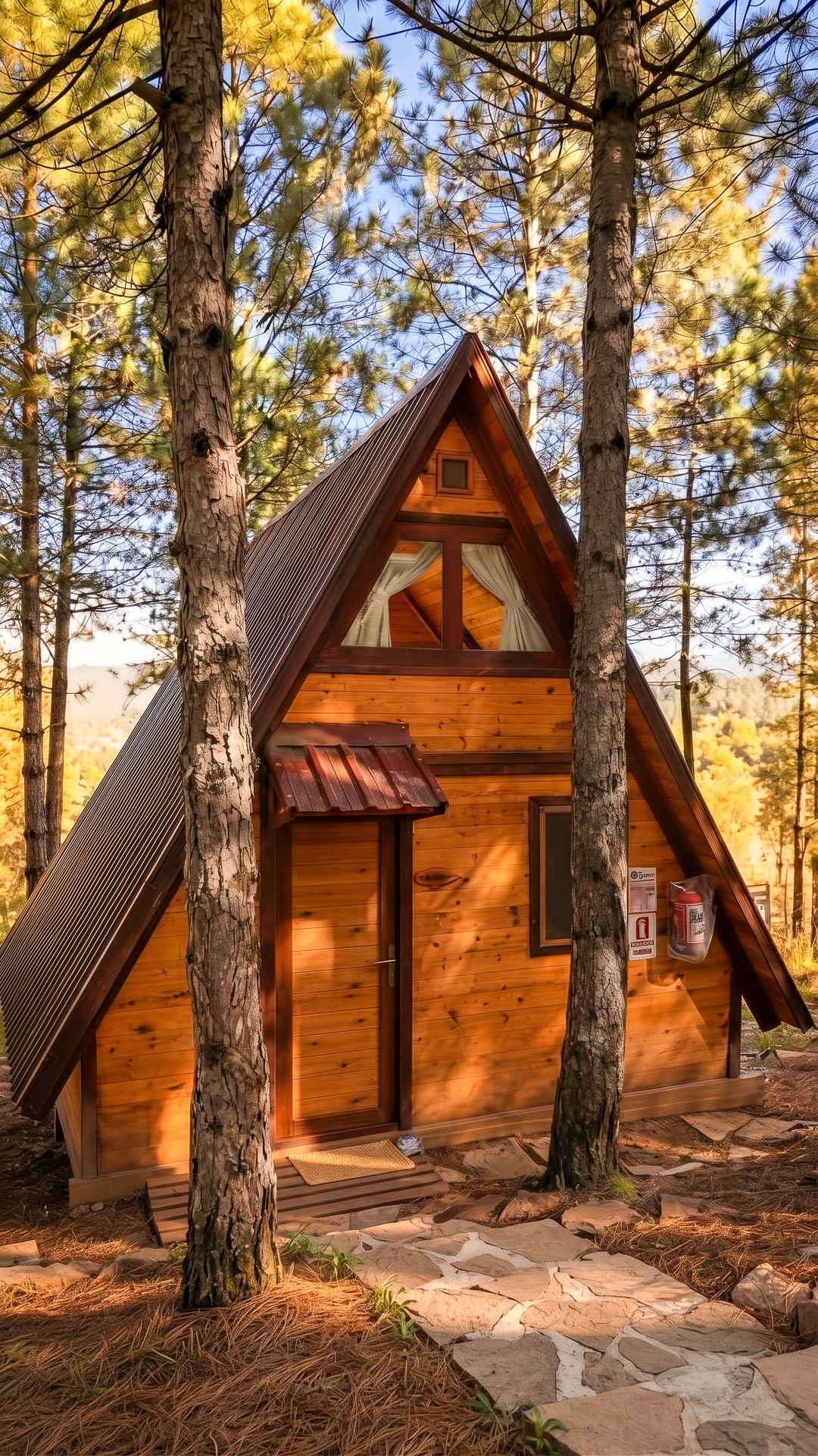 Eine Holzhütte mit geneigtem Dach und einer Eingangstür.