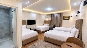 Habitación de hotel con dos camas, televisión, ducha y una mesita con control remoto.